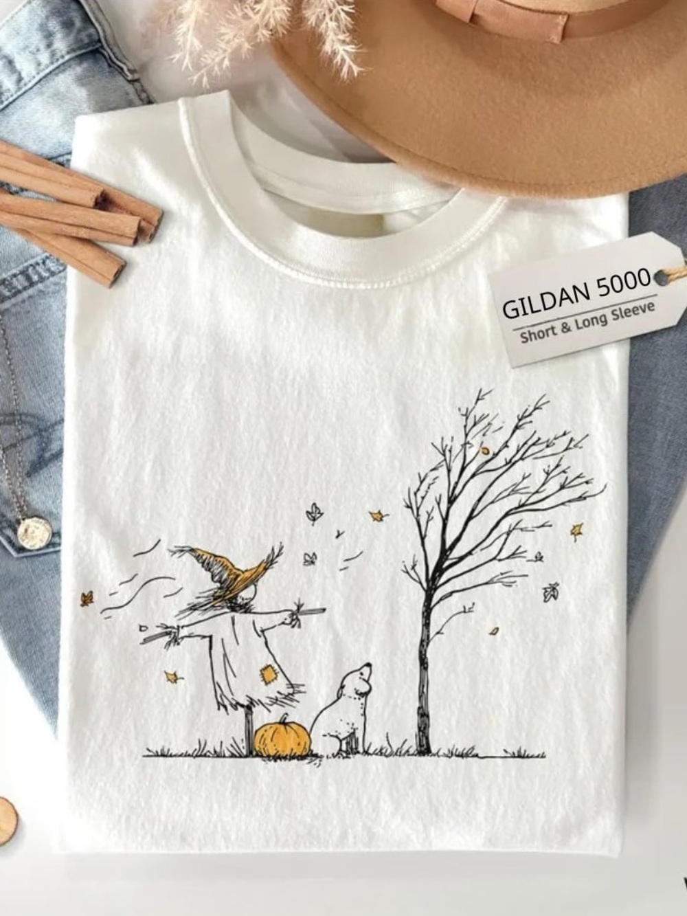Gildan White Autumn Scarecrow & Pumpkin Sketch Graphic Tee